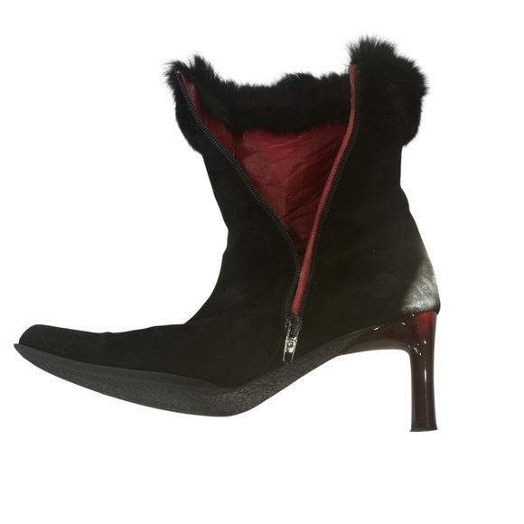 Vintage black suede booties Italy women’s size 40 USA 9B fur trim bohochic zips - Picture 16 of 16